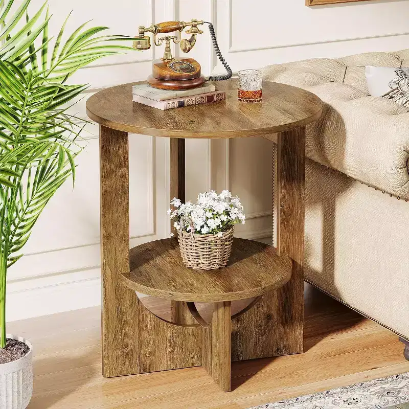 2-Tier Round End Table with Storage, for Living Room, Bedroom & Small Spaces, Modern Narrow Nightstand, Easy Assembly, Brown