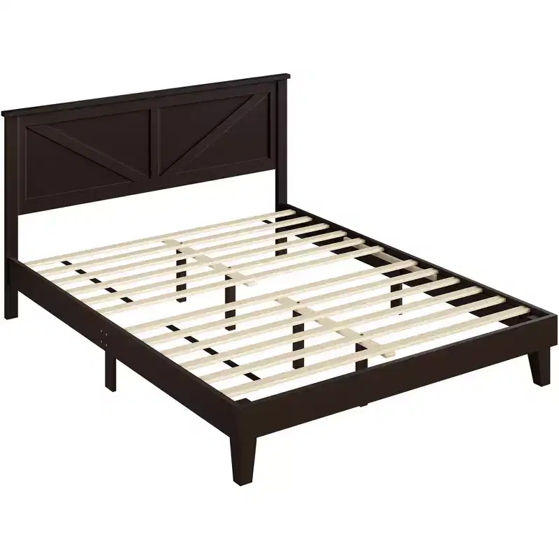 Farmhouse Wooden Bed Frame, Rustic Style Platform Base for Bedroom