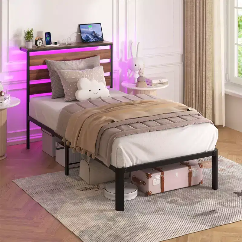 Lusimo Twin Metal Platform Bed Frame with Charging Station & LED Lights Space Saving Easy Assembly
