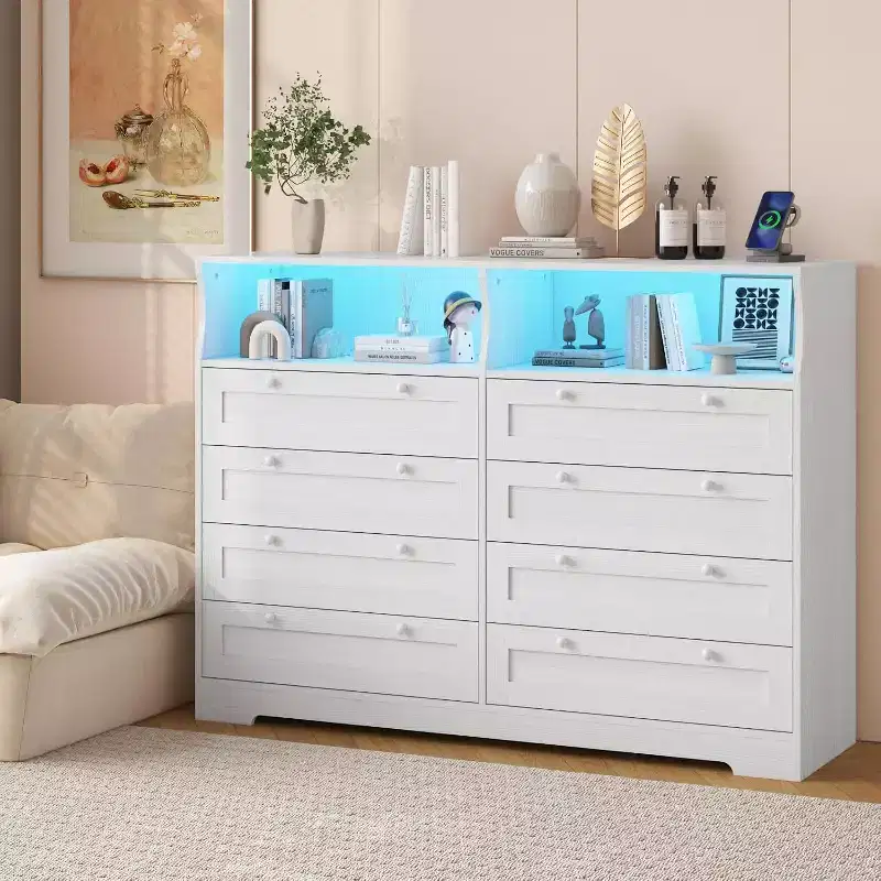 8 Drawer Dresser with Charging Station and LED Lights, Modern Chest of Drawers with Power Outlet, Organizer Cabinet for Bedroom, Living Room