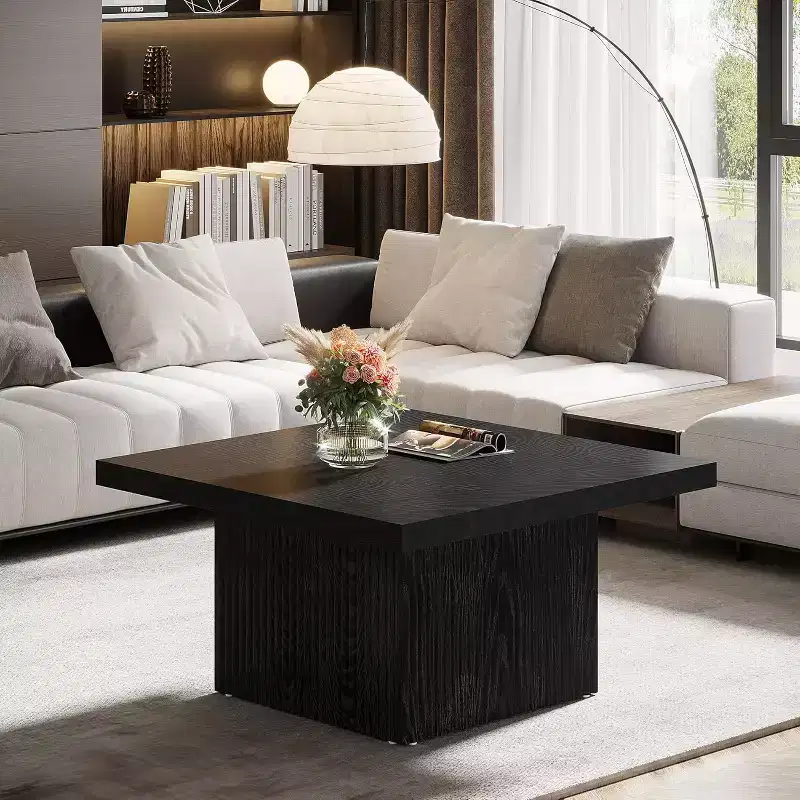 31.5-Inch Square Coffee Table, Fluted Mid-Century Modern Cocktail Table for Living Room, Easy Assembly, Black