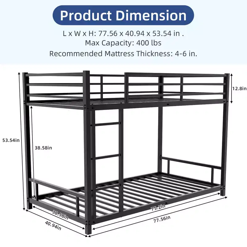 Modern Metal Bunk Bed with Safety Guardrail and Ladder Design