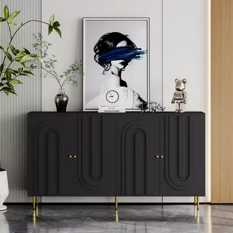 Versatile Black Lacquered 4-Door Wooden Cabinet - Sideboard Buffet Server for Living Room, Entryway, Hallway, Office, Kitchen and Dining Room