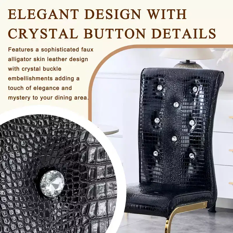 Set of 4 Upholstered Dining Chairs with Faux Leather and Crystal Buckle Details, with Durable Metal Legs
