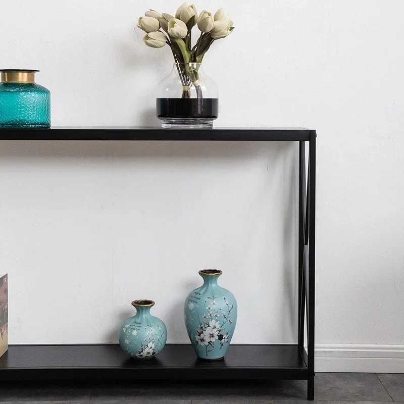 Triamine Board Cross Iron Frame Narrow Console Table