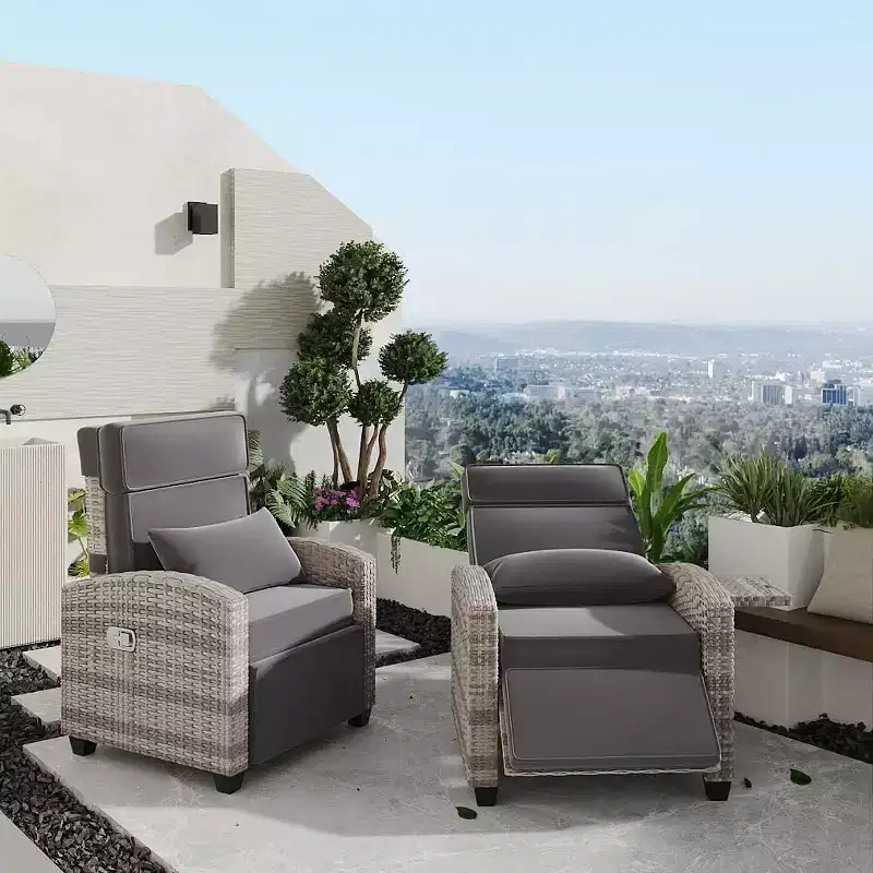 Outdoor Recliner Chair w/Adjustable Backrest+Footrest, 150 Lay Flat Rattan Patio Recliner with Air Pump+Flip-Up Table+Removable Cushion