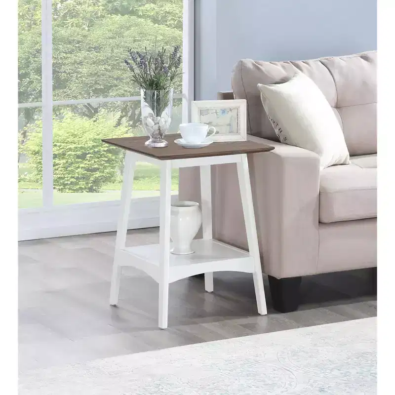 End Table with Mid-Century Modern Open Shelf Design, MDF Veneer Top and Rubberwood Legs for Living Room or Office