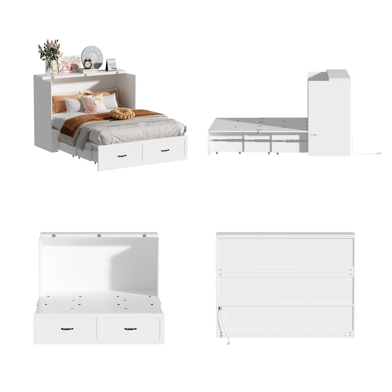 Modern Wood Full Murphy Bed Chest in White Finish Dresser 2-1 Cabinet