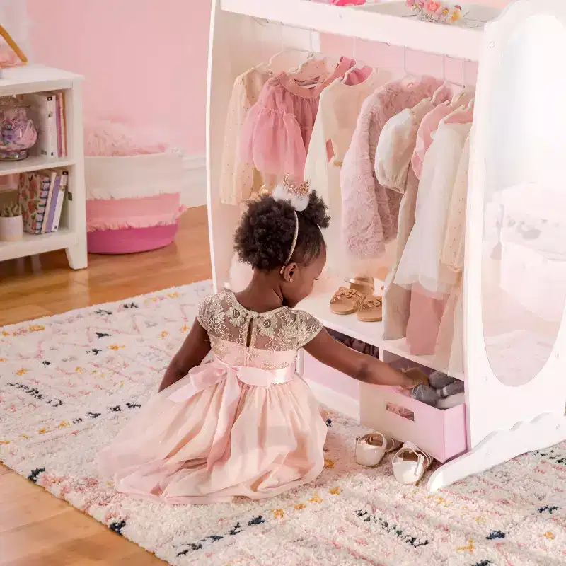 Kids' Dress Up Storage Center - White: Wardrobe with Mirror, Clothing Rack and Fabric Bins