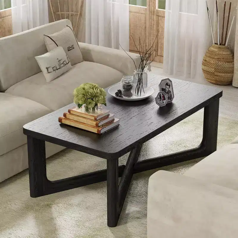 Rectangular Farmhouse Solid Wood Coffee Table, Black, Cross Legs