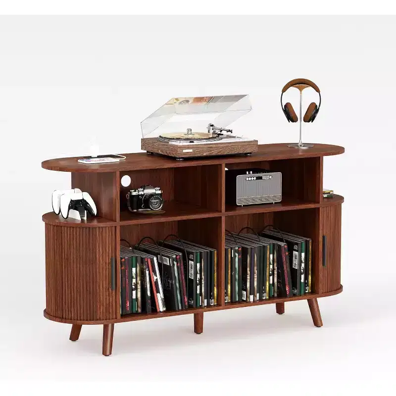 55.1in Record Player Stand with Charging Station USB CD Storage Turntable Table for Living Room, Walnut