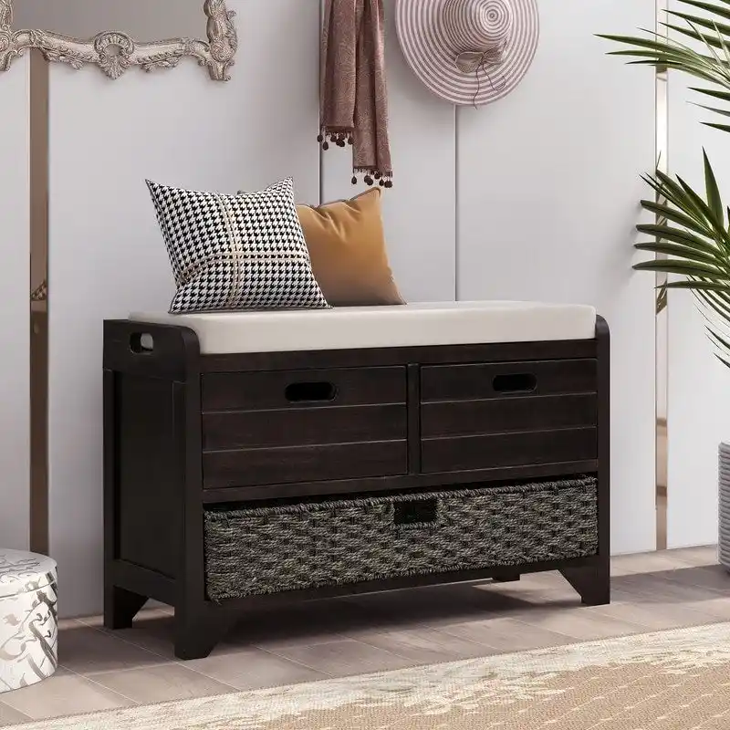 Entry Storage Bench with Cushion, 2 Drawers & Removable Basket – White Washed / White / Navy / Espresso, 1-Person Seating