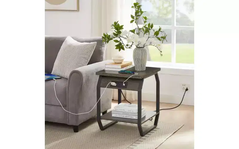 Acekool Set of 2 End Tables with Charging Station, Side Tables with USB Ports & Outlets, Small Storage Shelves for Living Room & Bedroom