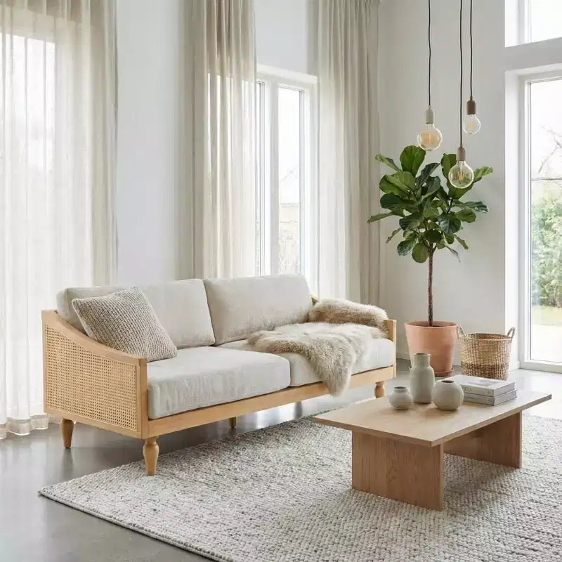 Christopher Knight Home Sachiko 70.9 Mid-Century Modern 2-Seater Rubberwood Chenille Upholstered Sofa with Rattan Armrests