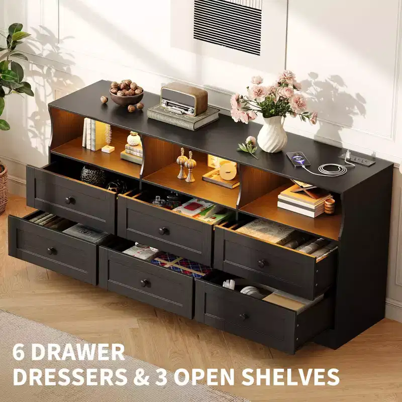 6-Drawer Dresser with RGB Lights & Power Outlet, Black / Gray / White