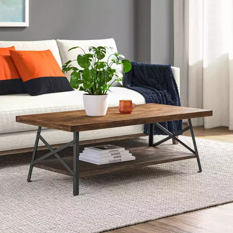 Solid Wood and Metal Coffee Table: Sturdy Black Frame, 2-Tier Design