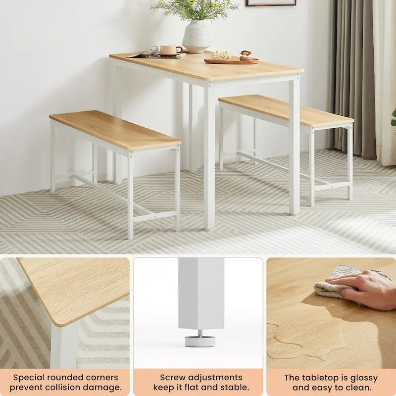 Industrial Rectangle Dining Table Set with 2 Benches Breakfast Nook Dining Table Set Kitchen Dining Table Set Metal Legs