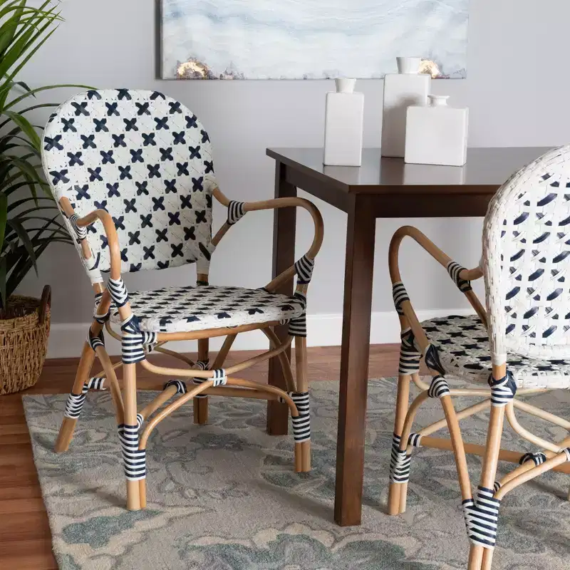 Bryson Modern French Blue and White Weaving and Natural Rattan Bistro Chair