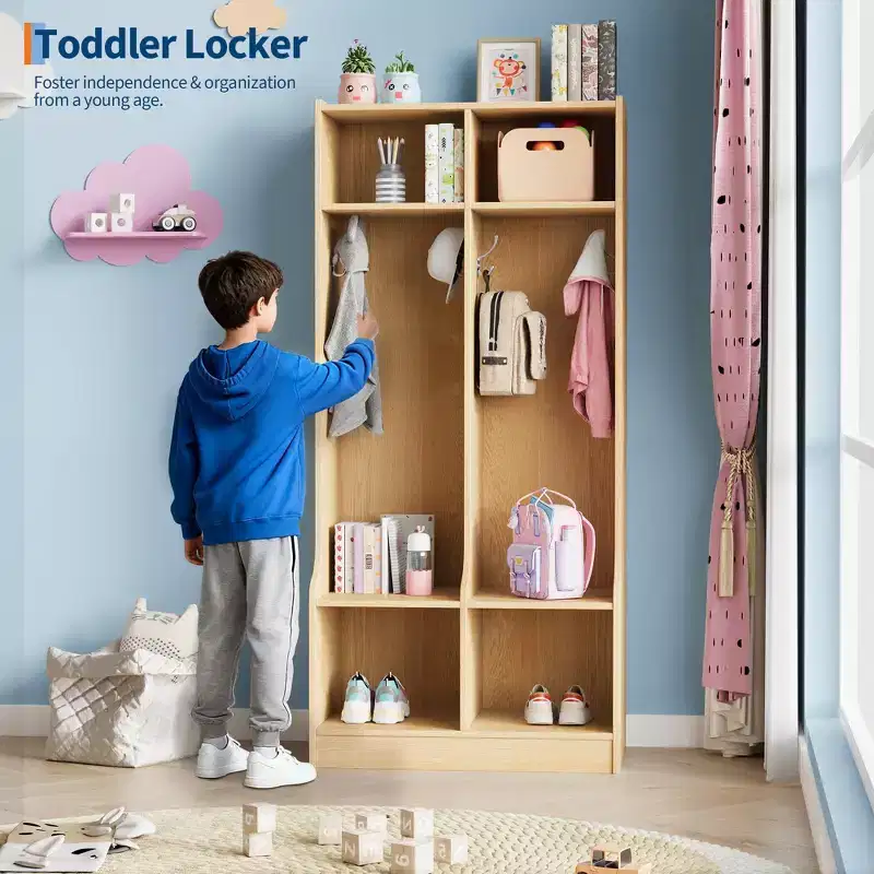 Brown / White 2-Section Cubby Storage Locker with 4 Hooks, for 1 Person