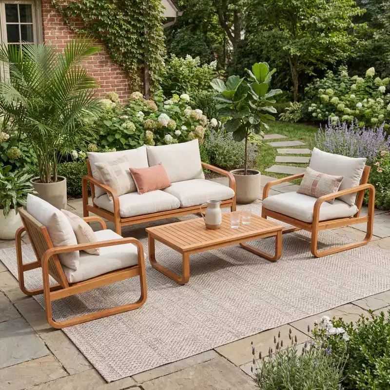 Christopher Knight Home Thao Modern 4 Piece Acacia Wood Patio Seating Set with Cushions and Slatted Table