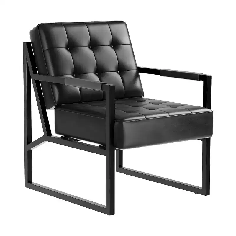 Leather Accent Chair, Mid-Century Modern Armchair with Metal Legs,Reading Leisure Chair with High Back for Living Room Bedroom