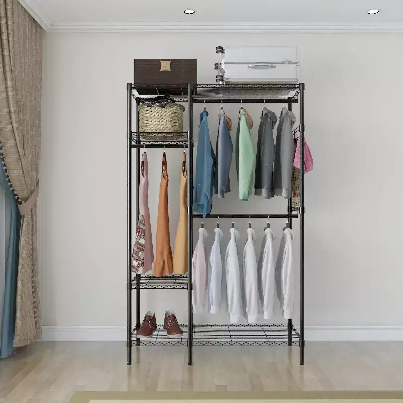 Karl Home Black Iron Open Wardrobe with 2 Rows of Rails & 4-Layer Shelves 44.9x16.5x70.9 Inches