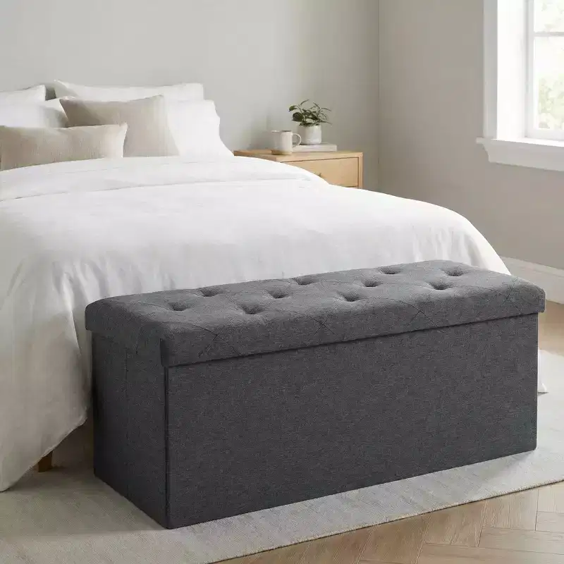 Folding Storage Ottoman Bench with Flip-Top Lid, Upholstered Footrest & End of Bed Storage Chest for Living Room Bedroom Entryway, 47 Gray