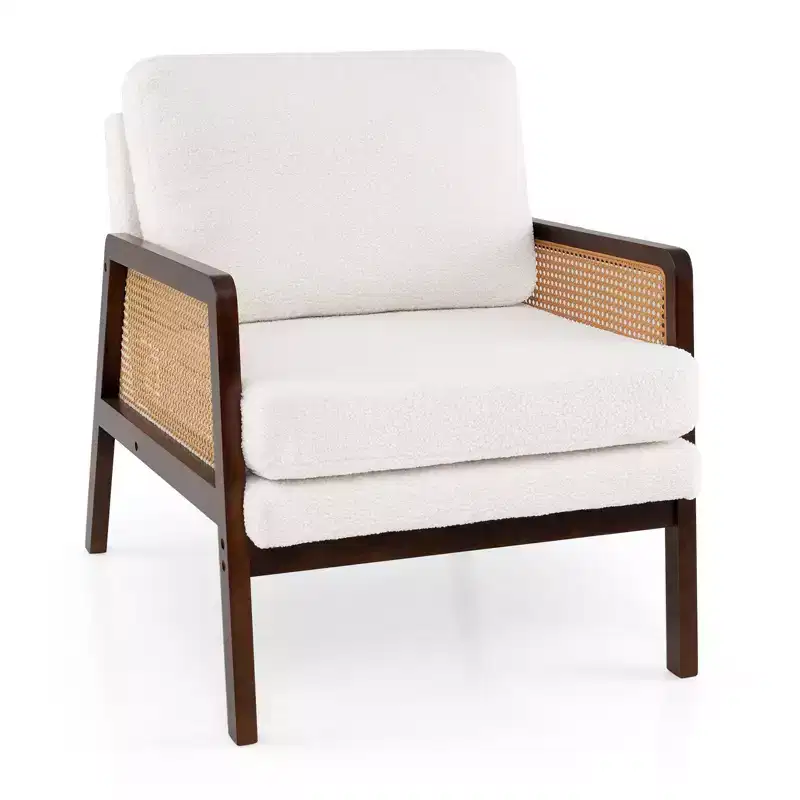 Costway Mid Century Modern Accent Chair Living Room Armchair with Rattan Arms Wooden Frame Brown/Natural