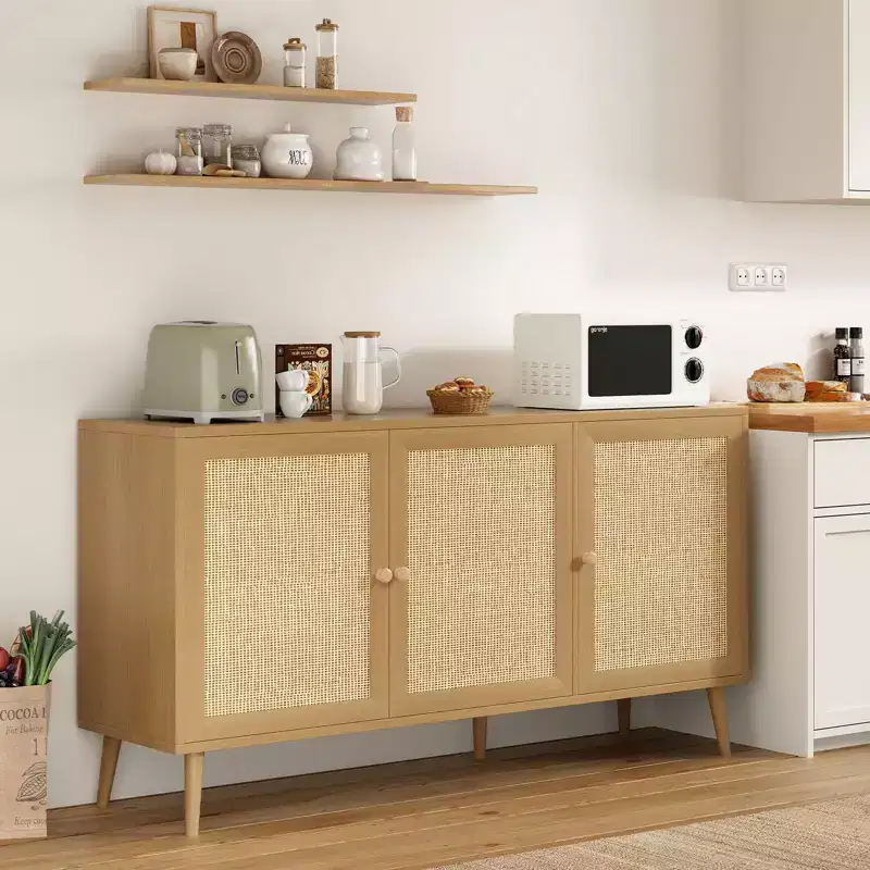 Side Panel Cabinet with 3 Rattan Doors, Kitchen Storage Cabinet with Modern Adjustable Legs
