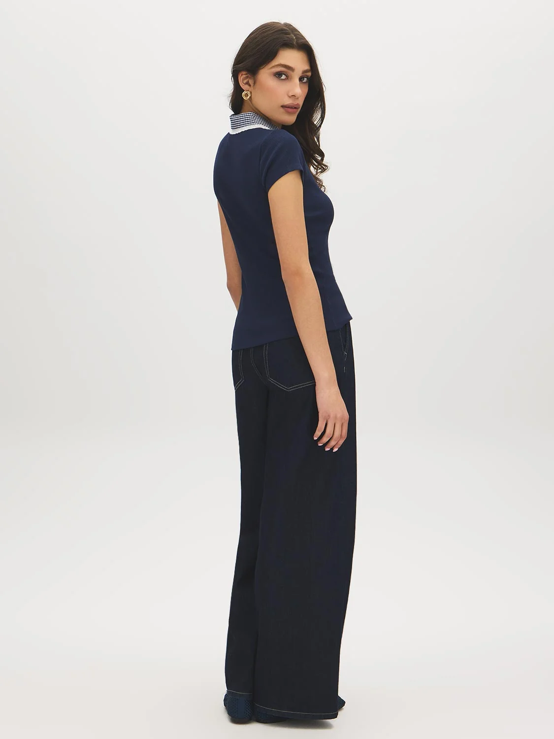Open Collar Ribbed Knit Top