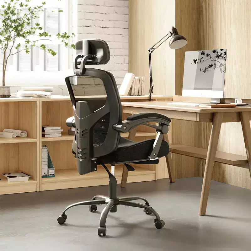 Okak Ergonomic Office Chair with Retractable Footrest, Computer Chair with Lumbar Support Pillow and Padded Armrests, Swivel Chair for Office