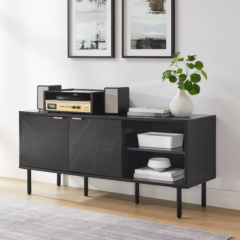 Black Oak Chevron Record Storage Sideboard with Brass Handles