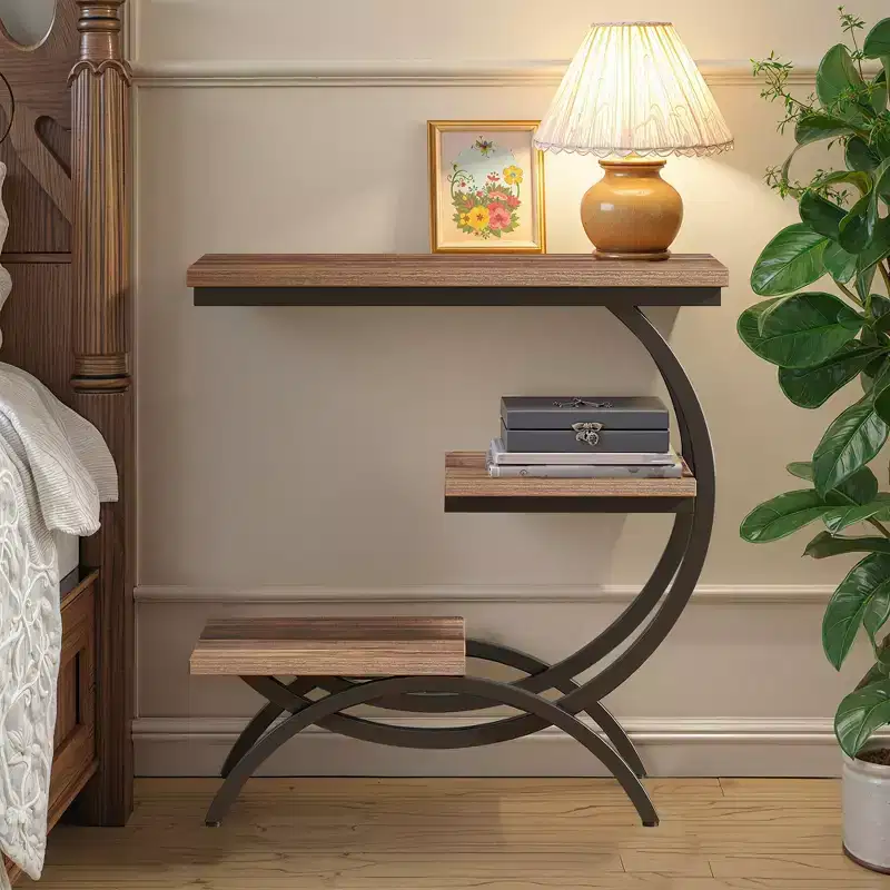 MAYEERTY C-Shape End Table 3-Tier, Matte Black Metal Frame Rustic Brown Top for Living Room