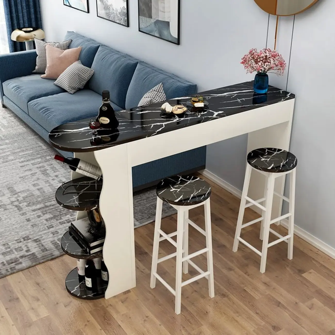 Modern Black-White Wooden Asymmetrical Shelves Bar Tables