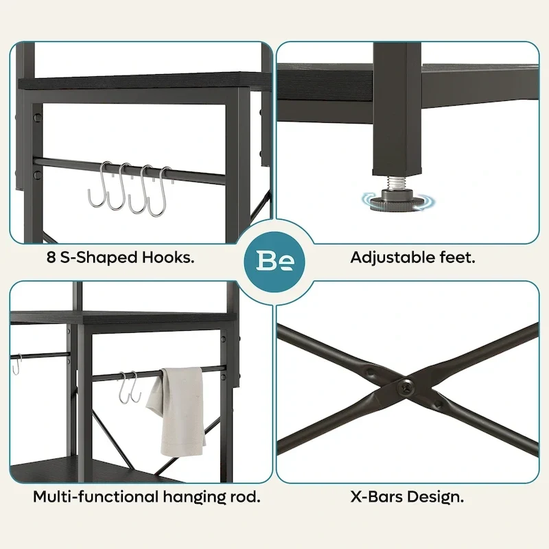 60 Inch Kitchen Baker's Rack with Hutch 8 Side Hooks