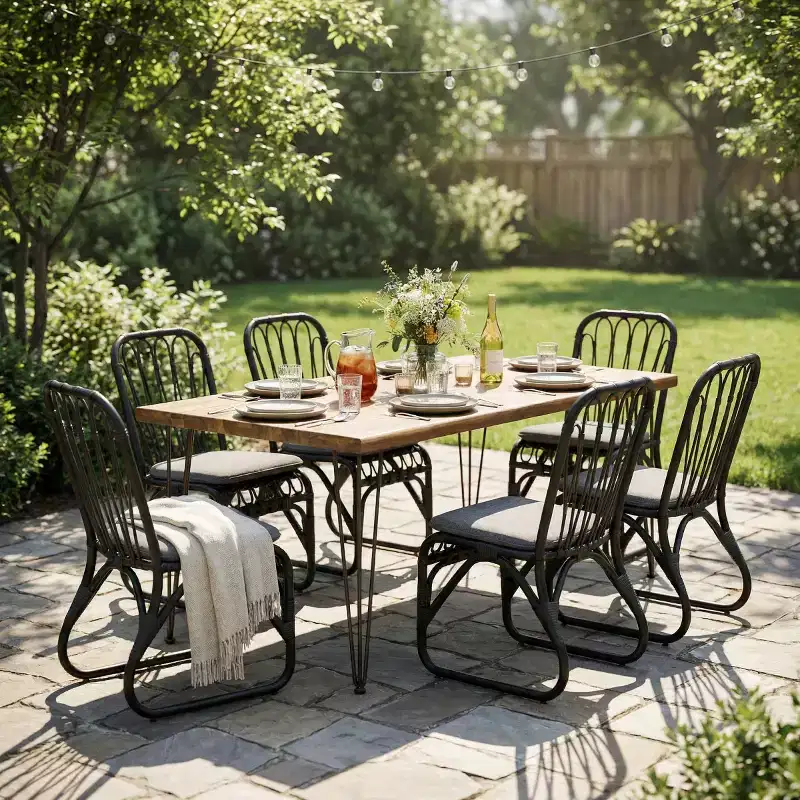7-Piece Outdoor Dining Set for 6 with Woven Rattan Chairs, 72 Rectangular Patio Dining Table with Acacia Wood Top for Backyard, Deck-Panipeachy