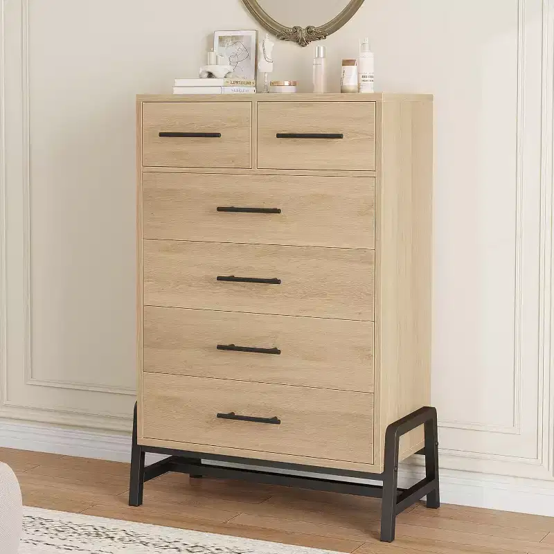 Acekool 46.6 Tall 4+2 Drawer Dresser - Robot Vacuum Friendly Storage, Natural Oak Finish for Bedroom & Entryway