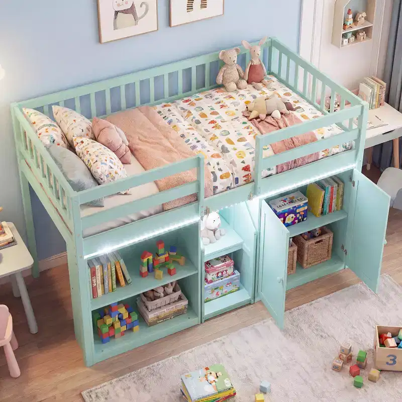 Twin Low Loft Bed with LED Light, Stairs & Guardrails, Modern Pine Wood Kids Bed, White/Mint/Gray
