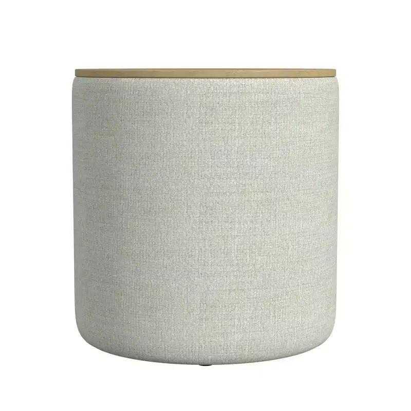 Wood Top Storage Ottoman Light Gray: Upholstered, Round, Padded, Wooden Frame