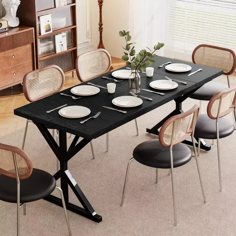 70.8 Farmhouse Dining Table for 6, Rustic Wood Kitchen Table with Metal Legs for Dining Room