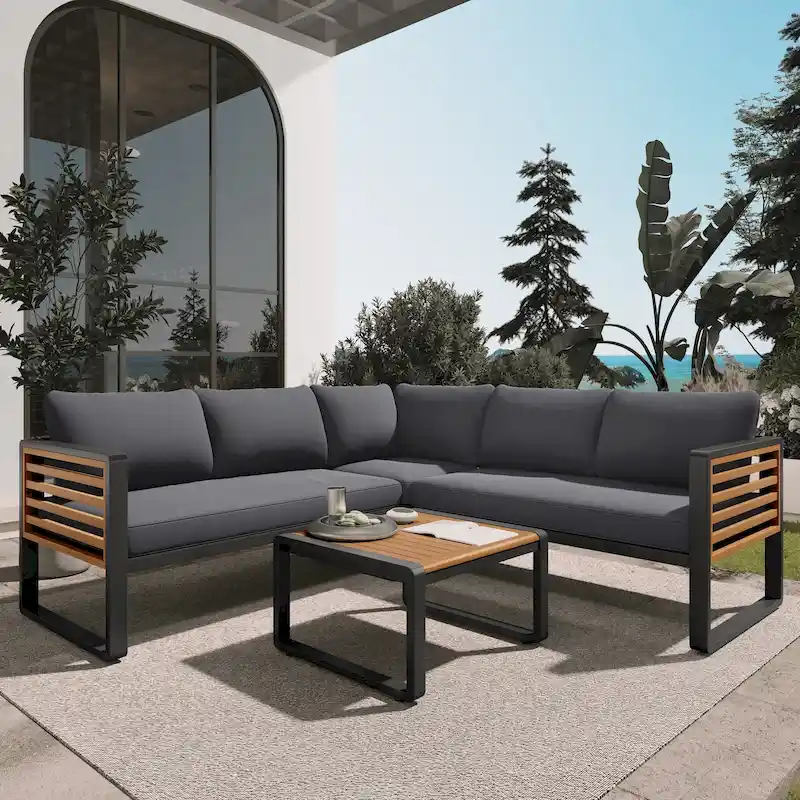 4-Pieces Patio L-shaped Conservation Sofa Set with Coffee Tables