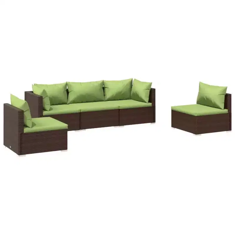 vidaXL Brown Poly Rattan Patio Lounge Set with Cushions - 5 Piece Modular Outdoor Garden Sofa Set, Powder-Coated Steel Frame, Water-Resistant