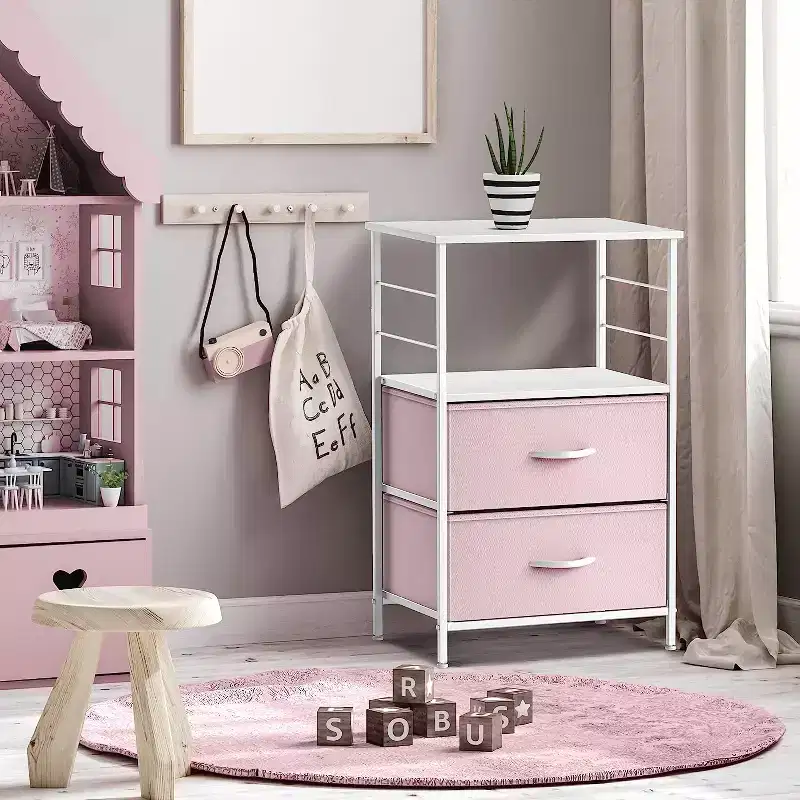 2-Drawer Nightstand with Shelf, Steel Frame, Wood Top & Fabric Storage Bins