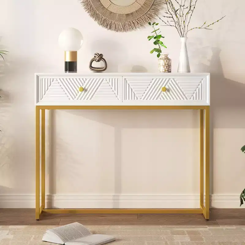 Modern Narrow Console Table with 2 Drawers – White