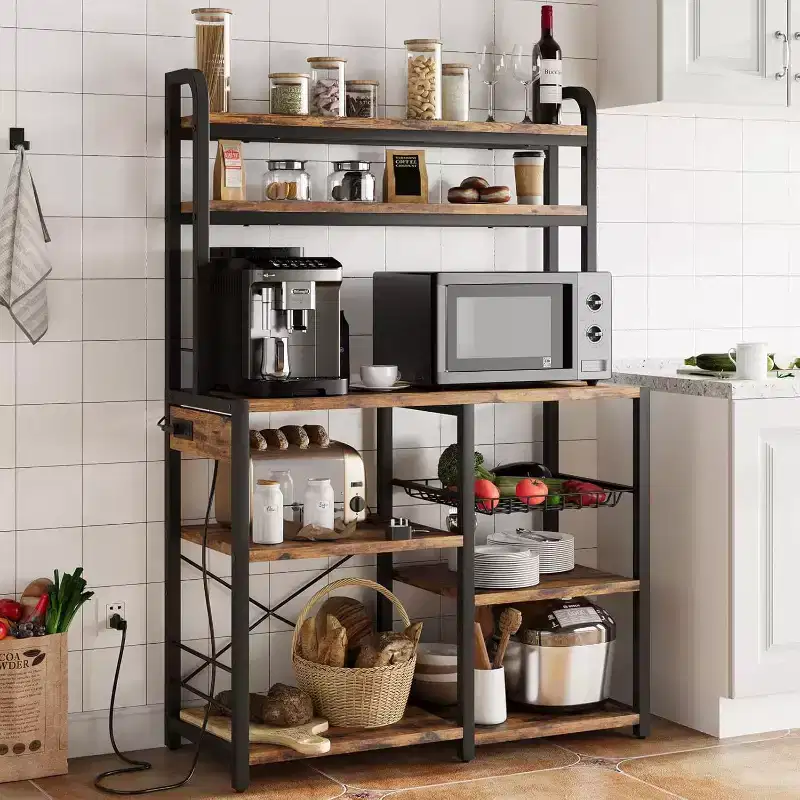 6-Tier Bakers Rack with Power Outlet, Large Microwave Stand Kitchen Utility Storage Shelf with Wire Basket, for Kitchen, Dining Room