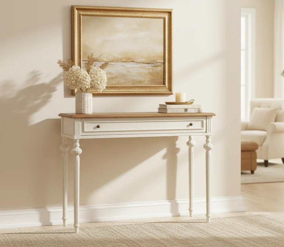 White & Oak French Provincial Writing Desk, 1-Person, 1 Drawer