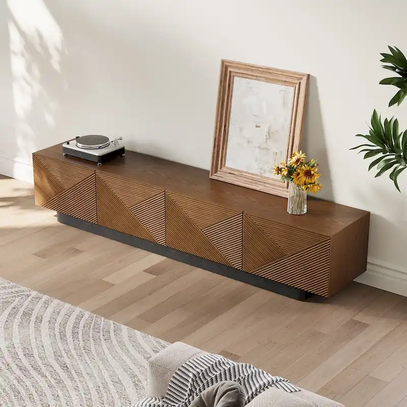 78.74  Mid Century Modern TV Stands, with Brown Solid Wood Veneer, Media Consoler with 4 Cabinets