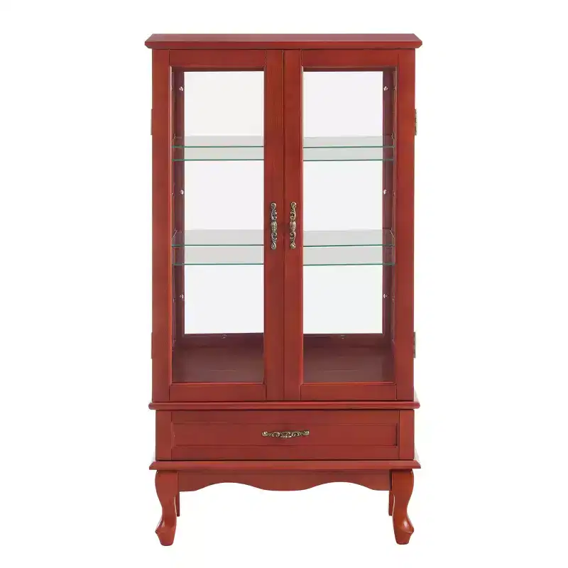 Lighted Corner Curio Cabinet with Tempered Glass Doors & Shelves - Elegant Cherry Display Case with Bulb for Living Room & Bedroom Decor