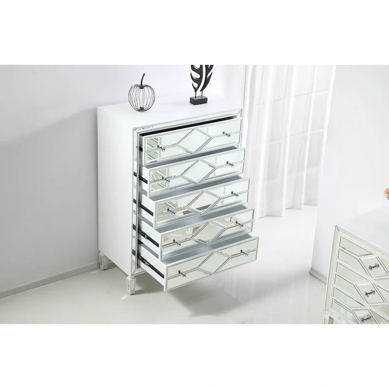 5-Drawer Chest – Antique White / Silver, Beveled Mirror Panels, Crystal Knobs, Hand-Painted Finish