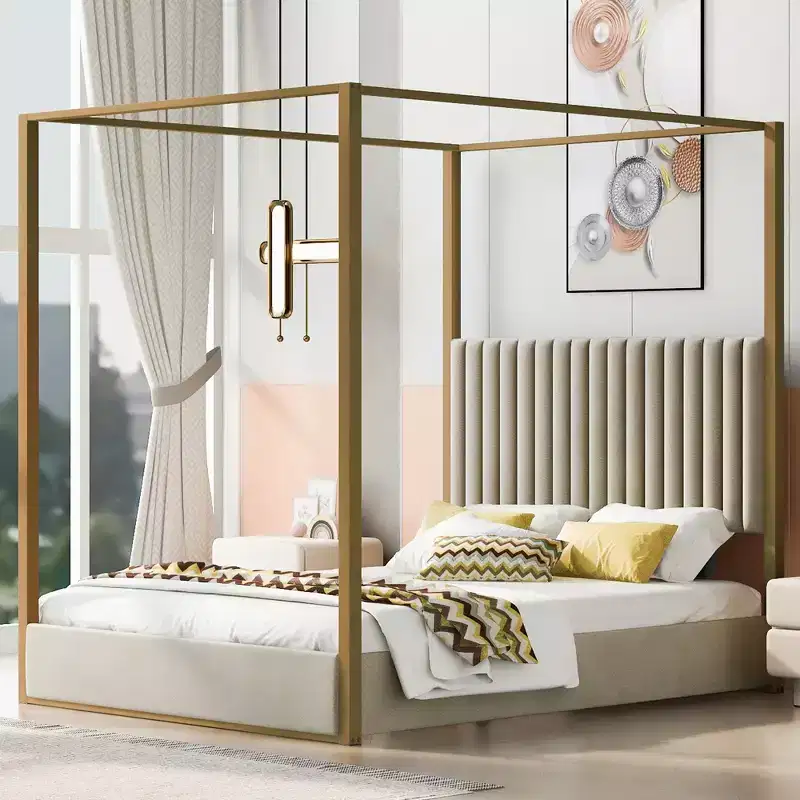 Queen Size Canopy Platform Bed with Tufted Upholstered Headboard, Gold Metal 4-Post Frame, Beige, 63.4x83x77.7 in